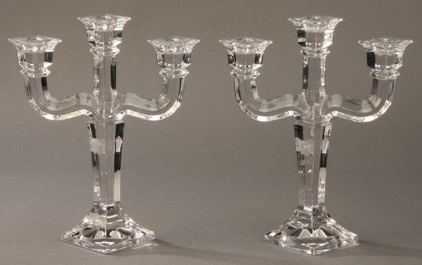 (2) Crystal candelabras, marked Versace: Pair of 3-arm cut crystal candelabras, maker marked Versace, Rosenthal, 12"h x 10"w.