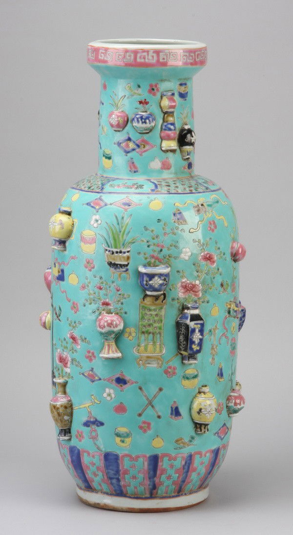 19th c. Chinese famille rose earthenware vase: Mid 19th century Chinese export famille rose earthenware vase with turquoise ground and applied decorations, marked Qing Tongzhi, 23.5"h x 6" diameter rim.