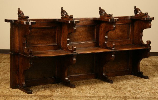 19th c. walnut hall bench: Unique late 19th century three seat walnut hall bench with carved scrolling dividers and flip up seats, 96"l x 21"d.