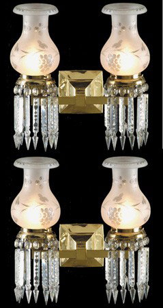 Pair of 19th c. bronze and crystal sconces: Pair of 19th century American bronze and cut crystal double light sconces with wheel cut acid etched shades, 17"h x 16"w.