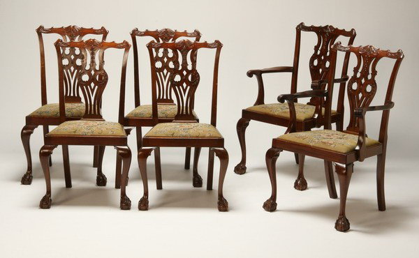 (6) 19th c. mahogany dining chairs: Set of 6 late 19th century Cuban mahogany American Chippendale-style dining chairs with ball and claw feet upholstered in tapestry-style fabric, 4 side chairs and 2 arm chairs, arm chair 39"h x 24.5"w