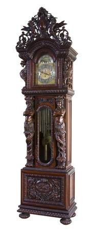 Carved mahogany clock, after R.J. Horner: Carved mahogany figural tall case clock, after R.J. Horner, with pierce carved arched crest supported by winged gryphons, surmounting fully formed maiden term figures, with a Herschedes 9 tube moon ph
