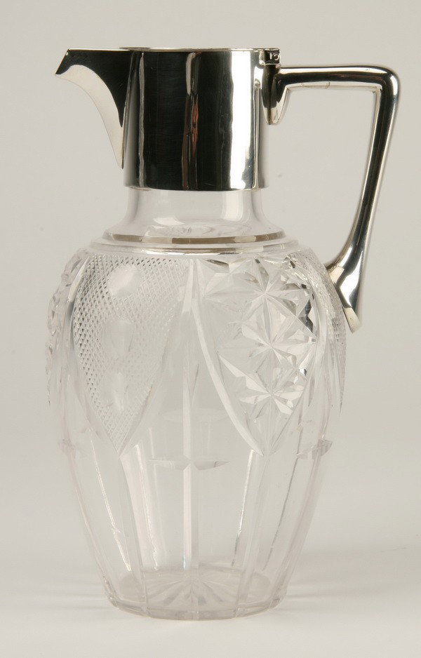 19th c. English crystal and sterling decanter: Late 19th century English cut crystal and sterling silver decanter, hallmarked Jonathan Wilson Hukin and John Thomas Heath, 8"h.