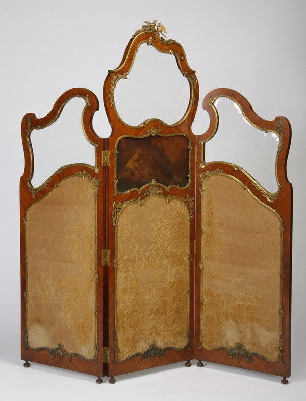 19th c. French bronze mounted paravent: Late 19th century French Louis XV style bronze mounted three panel paravent or room divider, the center panel with hand painted courting scene in a pastoral setting surmounted by a pair of bronze love