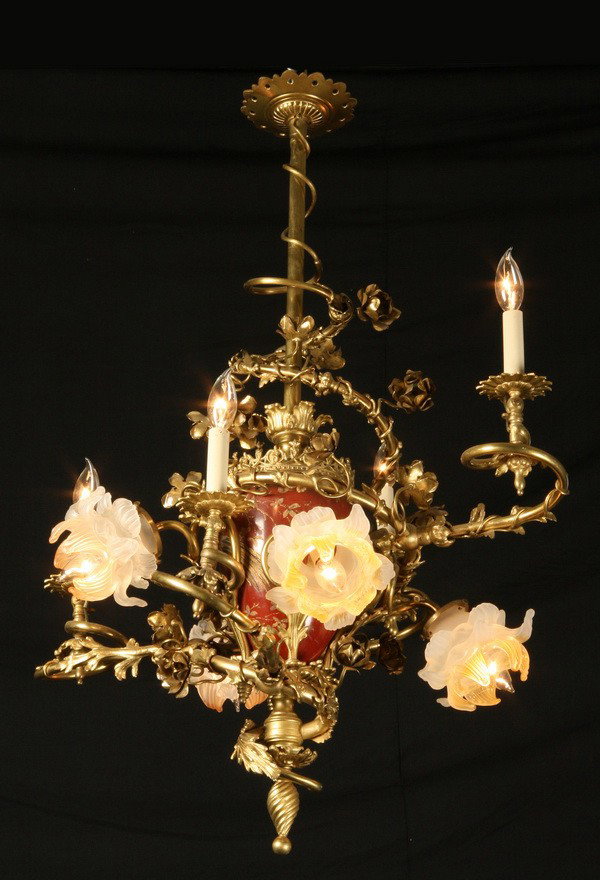 19th c. French Rococo chandelier: Late 19th century Louis XV-style French Rococo dore' bronze electrified gasolier chandelier with "sang de boeuf" porcelain vase shaped central support entwined with branches extending to foliate shape