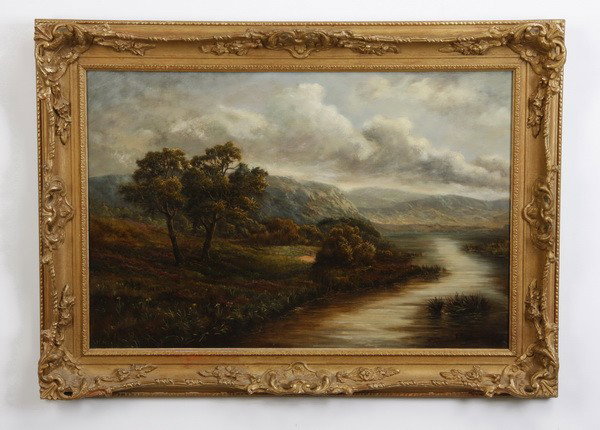 Late 19th c. oil on canvas landscape, signed: Late 19th or early 20th century oil on canvas landscape river scene, signed S. Boyd, in a giltwood and gesso frame, 19.5"h x 29.5"w; overall size including frame 26.5"h x 36.25"w.