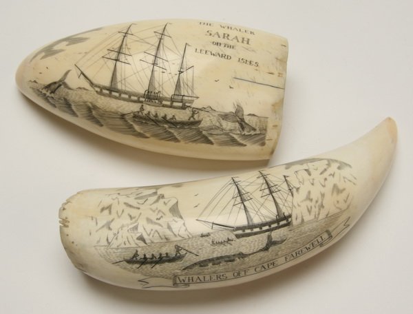 Pair of 19th c. whale tooth scrimshaw: Pair of 19th century English whale tooth scrimshaw, one enscribed "The Whaler SARAH off the Leeward Isles", 5"l and the other "Whalers off Cape Farewell", 6"l.
