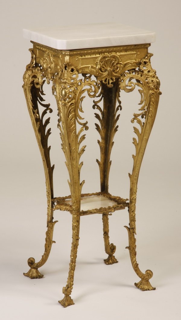 19th c. bronze marble top pedestal: Late 19th century American Rennaisance Revival reticulated bronze marble top pedestal, 33"h x 13" square top.
