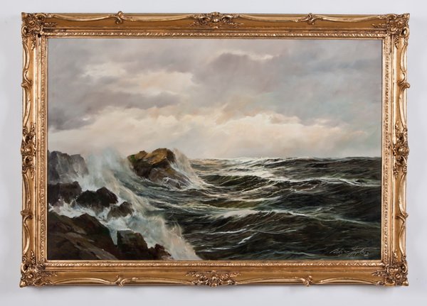 20th c. American oil on canvas, signed: 20th century American oil on canvas depicting stormy seas, artist signed Edgar Leyberg, 24"h x 36"w.