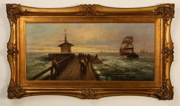 19th c. Continental oil on canvas, signed: 19th century Continental oil on canvas depicting dock workers along a pier with boats at sea in the distance, signed lower left O. (Otto) Witte (German, 19th century), 18"h x 39"w, overall size includ
