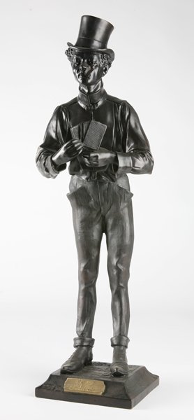 Bronze figural sculpture, signed: "4 Aces", bronze sculpture of a card playing gentleman in top hat, signed W.A. Walker, 32"h.