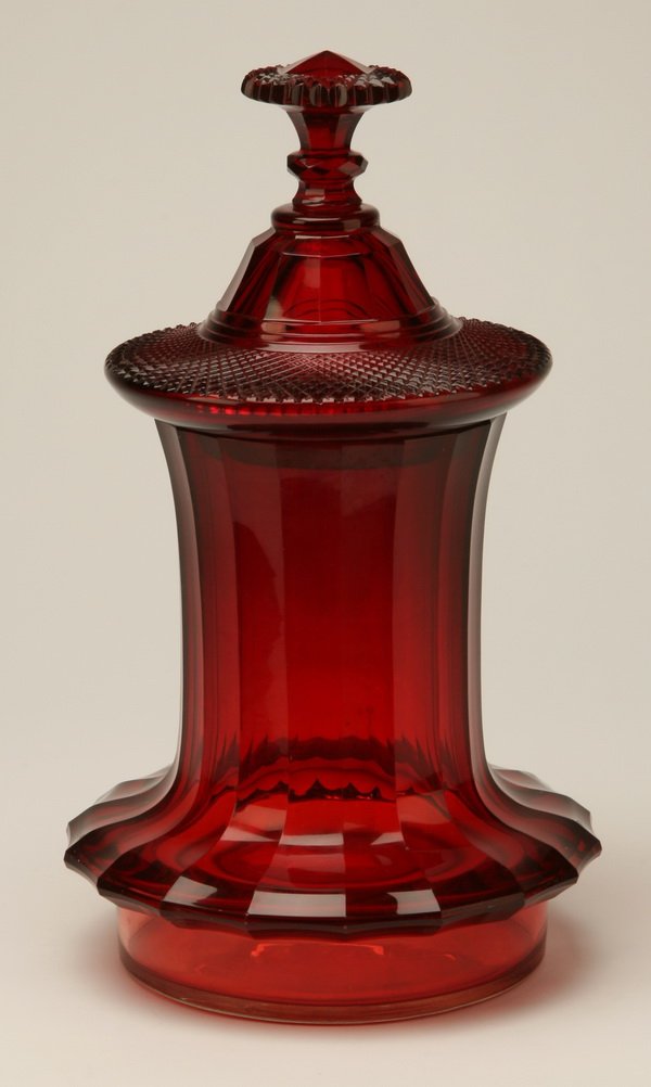 19th c. English ruby crystal apothecary jar: Very fine late 19th century English ruby red cut crystal covered apothecary jar, 17"h x 7.5" diam.