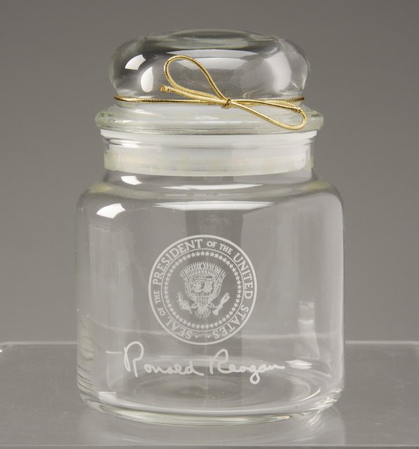 President Reagan's Jelly Belly jelly bean jar: Lidded glass jar silkscreened with the Presidential seal and Ronald Reagan's signature, this jar once graced the Oval Office and was originally filled with President Reagan's favorite Jelly Belly bran
