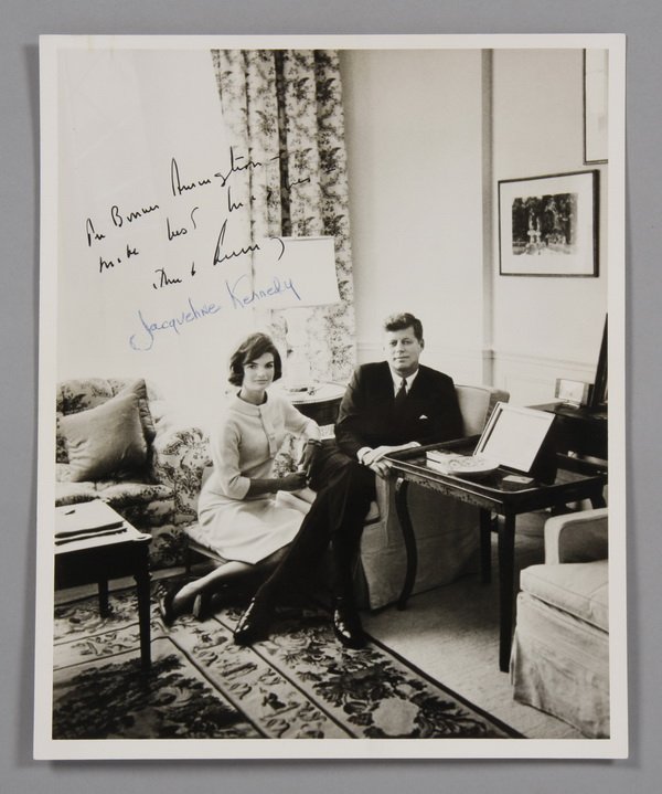 President and Mrs. Kennedy signed photo: Official Kennedy White House photograph of President and Mrs. Kennedy with President Kennedy's handwritten inscription, "For Bonner C. Arrington, with best wishes", signed John F. Kennedy and Jacqueli
