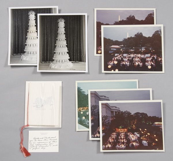 Lynda Johnson's White House wedding mementos: Grouping of official Johnson White House memorabilia surrounding the White House wedding of Lynda Johnson to Captain Charles Robb on December 9, 1967 including: 17 photographs: (1) framed 11 x 15; (14