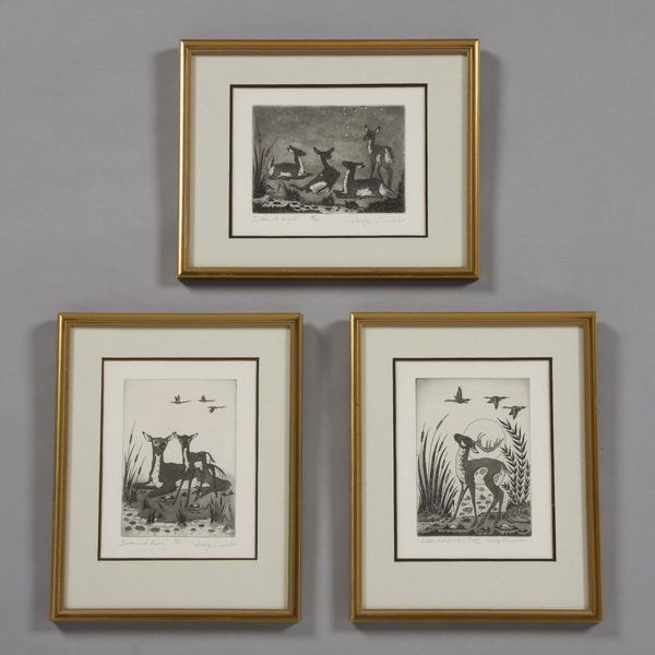 (3) Woody Crumbo ltd. edition signed etchings: Group of three limited edition framed signed etchings by Potawatomi artist Woodrow (Woody) Wilson Crumbo (1912-1989), includes (1) #30/200 "Deer at Night," 5.5"h x 6.75"w, overall size including frame