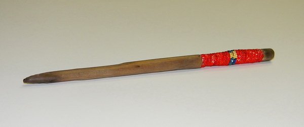 Peyote ceremonial quilled wooden tamper: Peyote ceremonial quilled wooden tamper, approximately 9"l.