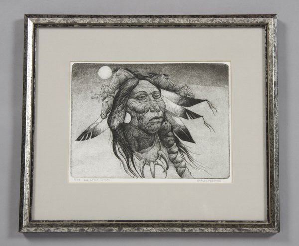 Late 20th c. limited edition etching, Freeman: Late 20th century limited edition framed signed etching, # 8/79, titled "Joe Creek Horses" by Robert Freeman (American, Sioux and Luisueno, b.1939).