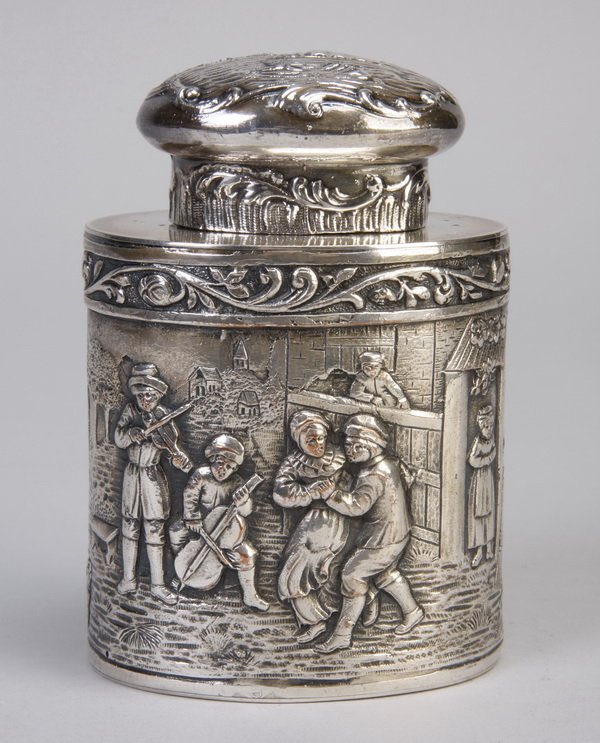 19th c. American silver container, hallmarked: Late 19th or early 20th century American silver over copper repousse', covered container featuring a village scene of minstrels and merriment, maker marked "E G W & S" (E. G. Webster & Son), 5"h x 3.5