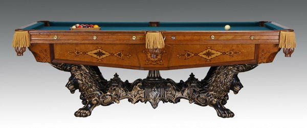 Original Brunswick and Balke "Monarch" table: Rare, original late 19th century regulation size American pool table, "The Monarch", by the J. M. Brunswick and Balke Company with marquetry inlays throughout, all raised on a cast iron lion head base