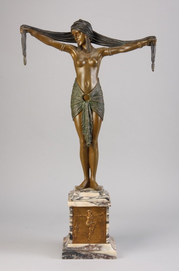 Original bronze sculpture, signed Chiparus: Original bronze sculpture titled the "Scarf Dancer" on breche violette marble base, signed D.H. (Demetre Haralamb) Chiparus, (Romania-France 1886-1947), 26.5"h x 6.25" square base.