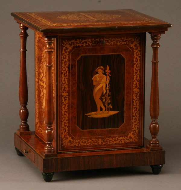 19th c. Italian inlaid tantalus case w/ music: Late 19th century Italian marquetry inlaid tantalus case with music box that plays Italian songs (including Santa Lucia), drop front door, mirrored interior, slide out holder for decanter and glasses