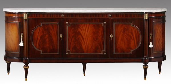 Mid 20th c. Italian Neoclassical style buffet: Mid 20th century Italian Neoclassical style mahogany buffet with white marble top, of demilune shape with recessed panel doors, the center section with three doors opening to reveal drawers and storag