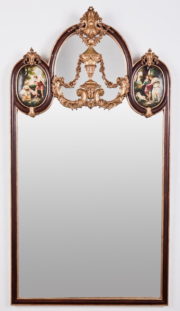 20th c. carved and parcel gilt mirror: Early 20th century carved and parcel gilt mirror with a central stylized acanthus leaf at the crest surmounting an urn issuing floral garlands, flanked by hand painted oval woodland scenes, 57"h x 30.