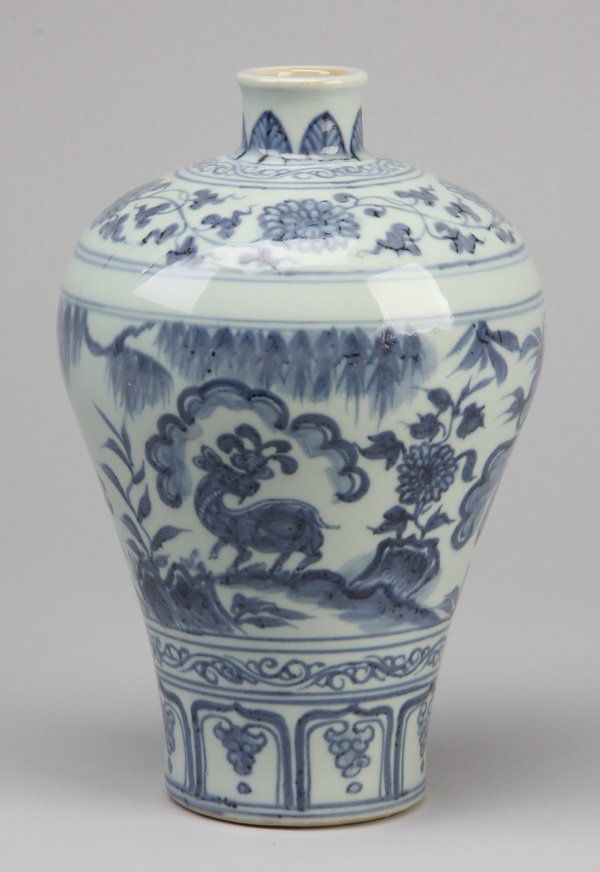 19th c. Chinese blue & white earthenware vase: Late 19th century Chinese blue and white baluster form earthenware vase, 10.5"h x 3.5" diameter base.