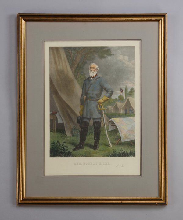 Framed colored engraving of Robert E. Lee: 20th century framed colored engraving of General Robert E. Lee, after the original engraving by J. C. McRae, New York, 28"h x 20"w, overall size including frame 40"h x 31.5"w.