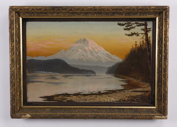 19th c. oil on canvas, signed Harrison: 19th century oil on canvas landscape of Mt. Rainier, artist signed T.A. (Thomas Alexander) Harrison, (American, 1853 - 1930), in a carved gilt wood and gesso frame, 17"h x 26"w, overall size including