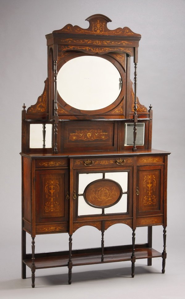 Edwardian marquetry inlaid rosewood etagere: Late 19th or early 20th century Edwardian 2-part marquetry inlaid rosewood etagere with beveled glass mirrors, the top with a central oval mirror over a shelf supported by turned legs, the base with t