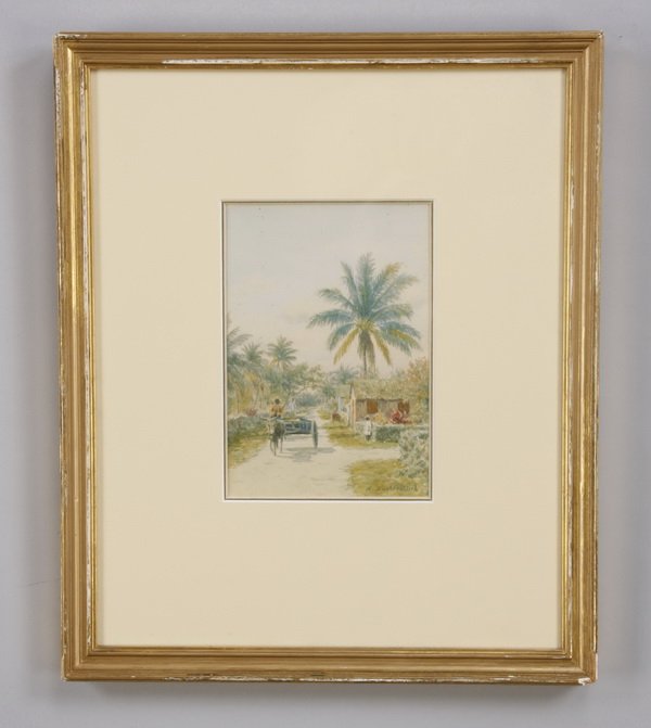 Late 19th c. American watercolor, signed: Late 19th or early 20th century American framed and matted watercolor of a Bahamian village road, signed lower right A. (Armin) Buchterkirch (American, 1859 - 1915), 6.5"h x 4.5"w; overall size includ