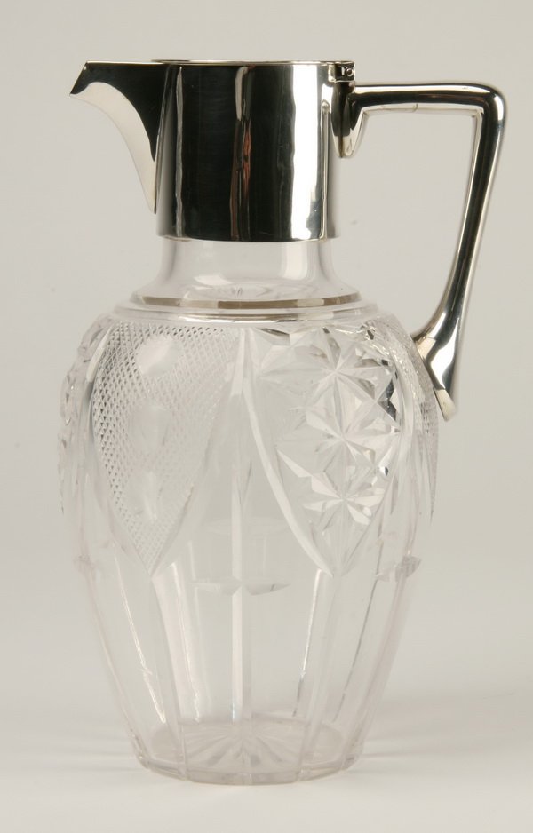 19th c. English crystal and sterling decanter: Late 19th century English cut crystal and sterling silver decanter, hallmarked Jonathan Wilson Hukin and John Thomas Heath, 8"h.