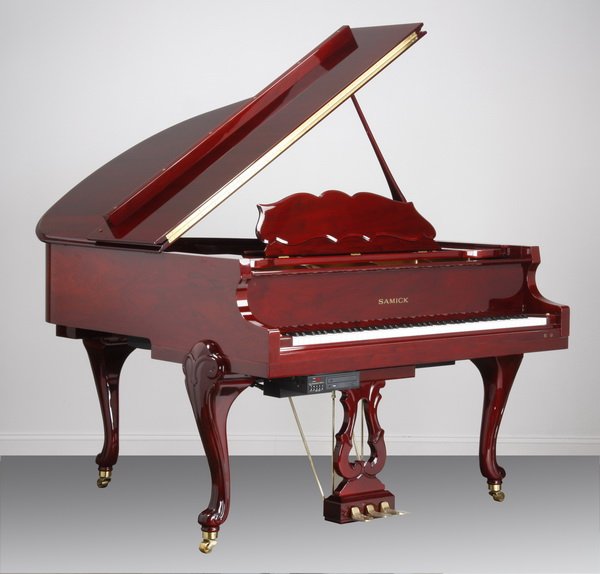 Baby grand piano with disc player: Rosewood high gloss Samick baby grand piano with QRS PianoMation disc player and matching lift top bench, model SG-150KBF, serial number ISHG0064, 40.5"h x 62"l x 62"w. In working condition.
