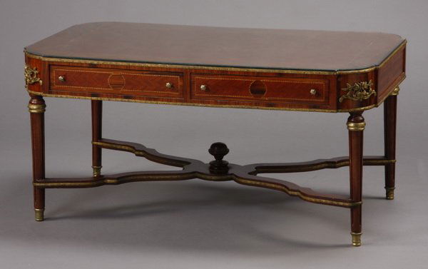 Louis XVI style parquetry inlaid coffee table: Louis XVI style parquetry coffee table with dore' bronze mounts, the shaped top containing four drawers over tapering fluted legs joined by an x-frame stretcher and terminating in dore' bronze sabots,