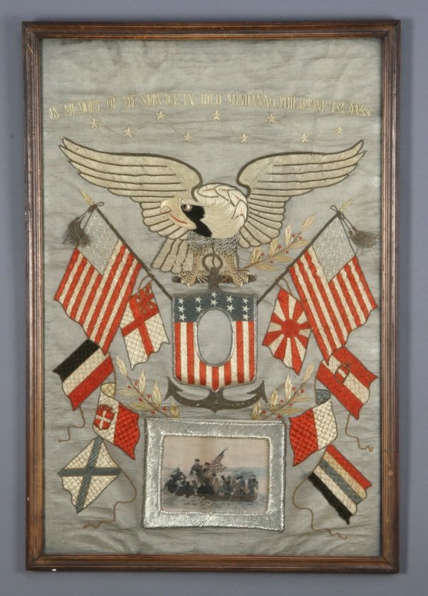 Framed tapestry of Philippine-American War: Framed tapestry commemorating service in the Philippine-American War, overall size including frame 31.5"h x 21.5"w.