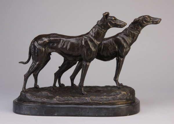Bronze greyhound sculpture, after Fremiet: 20th century bronze sculpture of a pair of standing greyhounds, titled "Chiens Levriers", after the original by Emmanuel Frémiet (French, 1824-1910), raised on a black marble base, 10.5"h x 14"l x 7"