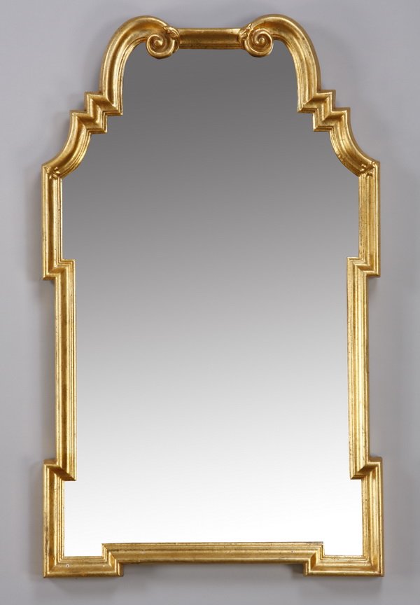 Contemporary gilt wood mirror by La Barge: Contemporary gilt wood scrolling mirror with double arches at the crest, labeled La Barge, 41"h x 21"w x 2"d.