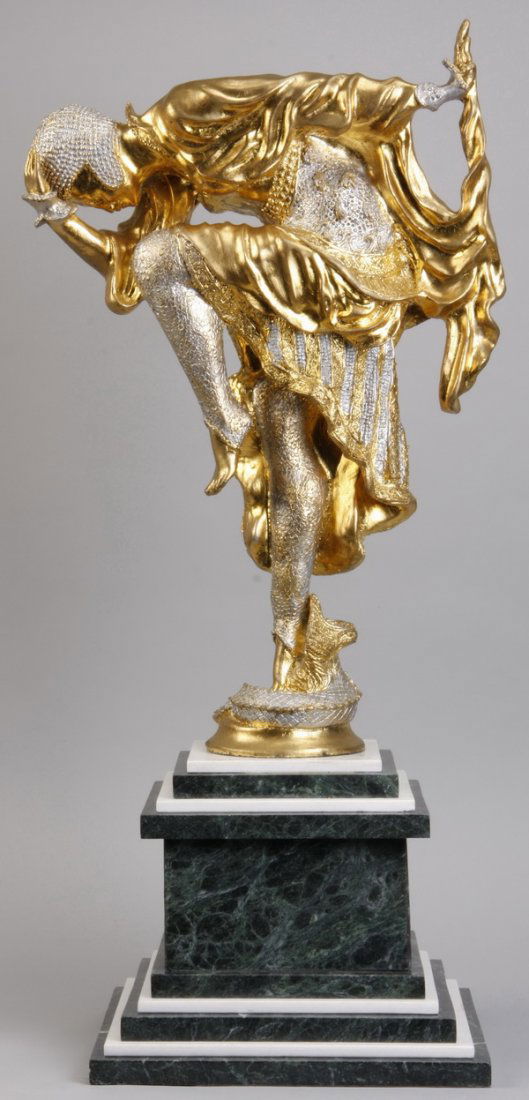 Bronze Art Deco style sculpture, 35"h: Late 20th century gilt bronze and silver over bronze Art Deco style sculpture, titled "Danseuse d'Ankara" (Ankara Dancer), after the original by Claire Jeanne Roberte Colinet (Belgian-French, 1880-195