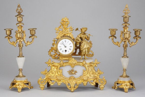 19th c. French gilt metal garniture set: Late 19th century French 3-piece gilt metal and alabaster figural clock and garniture set, depicting a young maiden holding her recent harvest, the clock movement signed "Barrard & Vignon", accompanie