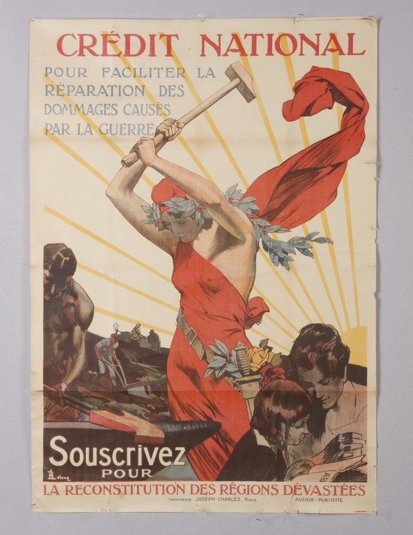 Original vintage unmounted French poster: Early 20th century original, unmounted French poster: "Credit National Pour Faciliter La Reparation Des Dommages Causes Par La Guerre", original artwork by Lelong, printed by Joseph Charles, Paris, 45