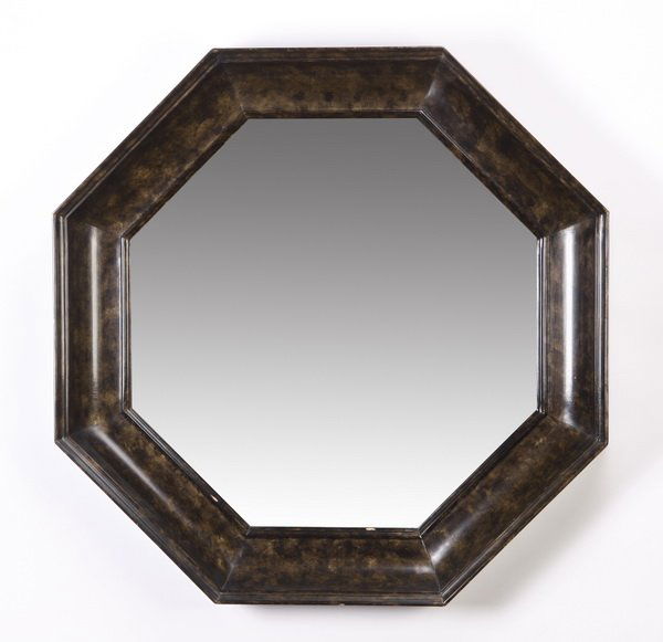 Mid 20th c. Widdicomb designed mirror: Mid century modern octagonal mirror designed by John Widdicomb for Mastercraft / Baker Furniture, with burl amboyna wood veneer finish, 36" diameter x 4.5"d.
