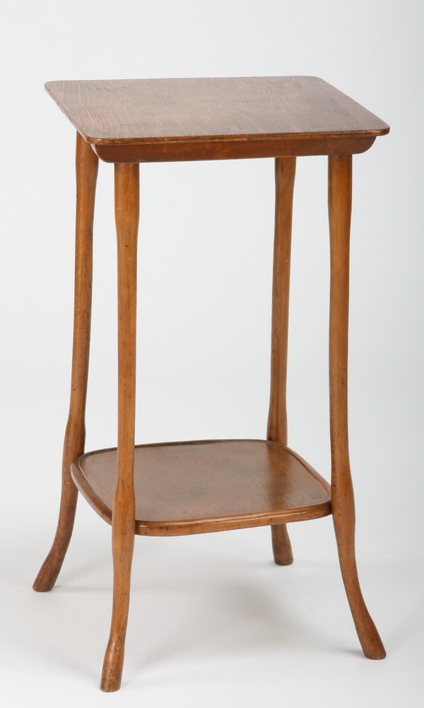 Early 20th c. Austrian bentwood table: Early 20th century Austrian bentwood table with oak top, maker marked on the underside with remnants of paper label "Thonet", 30"h x 16" square.