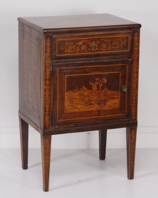 19th c. Italian petite inlaid commode: 19th century Italian marquetry inlaid petite commode, the top and door panel with pastoral scenes, the drawer and sides with scrolling foliate designs, all raised on square tapering legs, 31.5"h x 20"