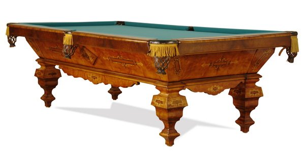 Marquetry inlaid regulation size pool table: 20th century American Renaissance Revival style marquetry inlaid regulation size pool table, 60"w x 108"l, with standing polished brass cue stick holder and 4 cue sticks.