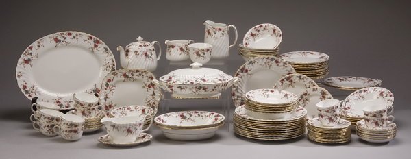Minton china service for 12: Minton china 97 piece set, service for 12 in the "Ancestral" pattern, with matching serving pieces. Set includes: (12) dinner plates 10.5" diam.; (12) salad plates 7.5" diam.; (12) soup bowls 7.75" di