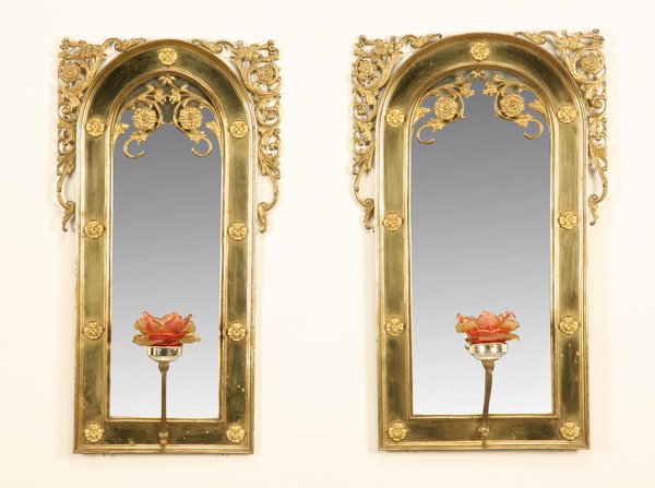 (2) 19th c. bronze mirrored wall sconces: Pair of 19th century bronze wall sconces with mirrored backs and art glass floriform shades, 28"h x 15"w.