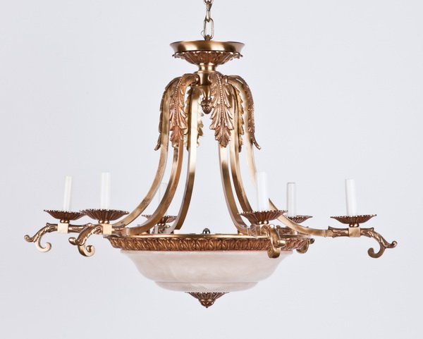 20th c. gilt bronze and alabaster chandelier: 20th century American gilt bronze and alabaster 6-arm chandelier with acanthus leaf accents, 26"h x 35" diameter.