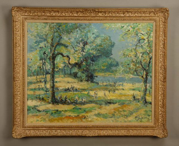 20th c. French oil on canvas, signed: Late 20th century French impressionist oil on canvas landscape, depicting people in a park setting, artist signed lower right, M. (Michael) D'Aguilar, '75, (French b. 1924), 24"h x 30"w, overall size